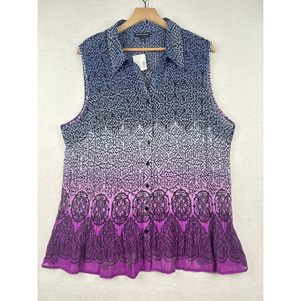 Fashion Bug Blouse Womens 3X Sleeveless Ombre Geometric Button Down Boho NWT